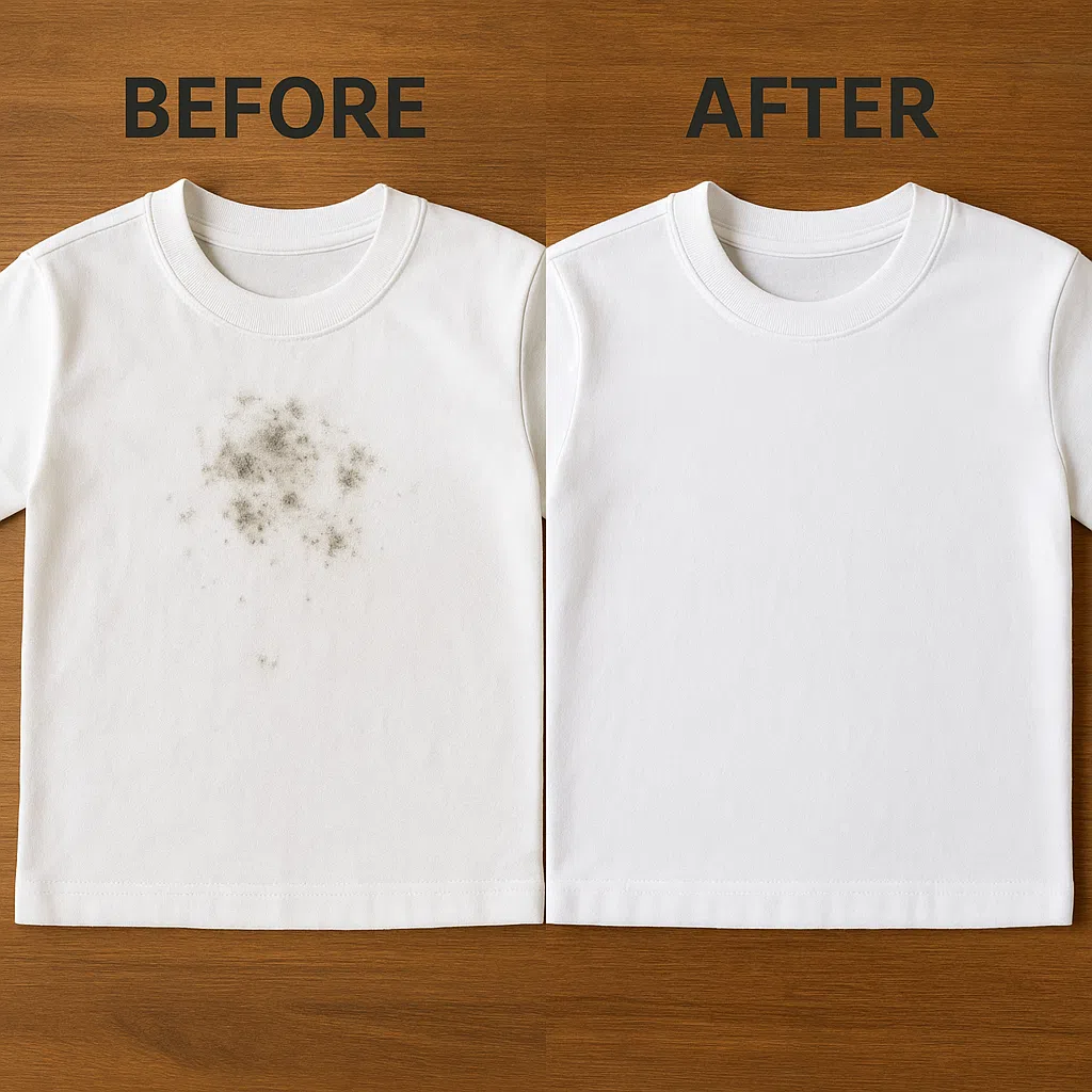 ภาพเปรียบเทียบก่อนและหลังการซัก – เสื้อผ้าสีขาวก่อนและหลังขจัดรา